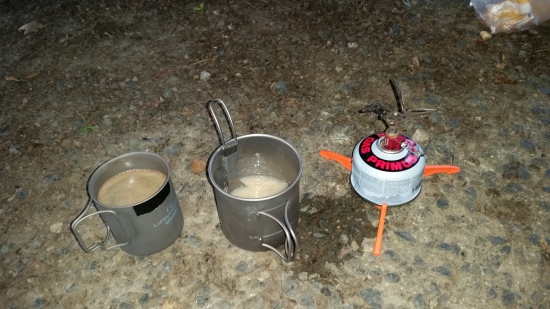 My cooking set up - Alpkit MyTi 650 mug & Kraku stove along with a Liveventure mug