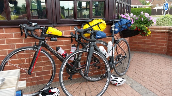 170 miles at the pub in Walesby. My bike is the Rose Xeon GCF & Matts is the BTwin Mach 720. We both used Alpkit fuel pods on the top tube & their Koala saddle packs to carry our kit.
